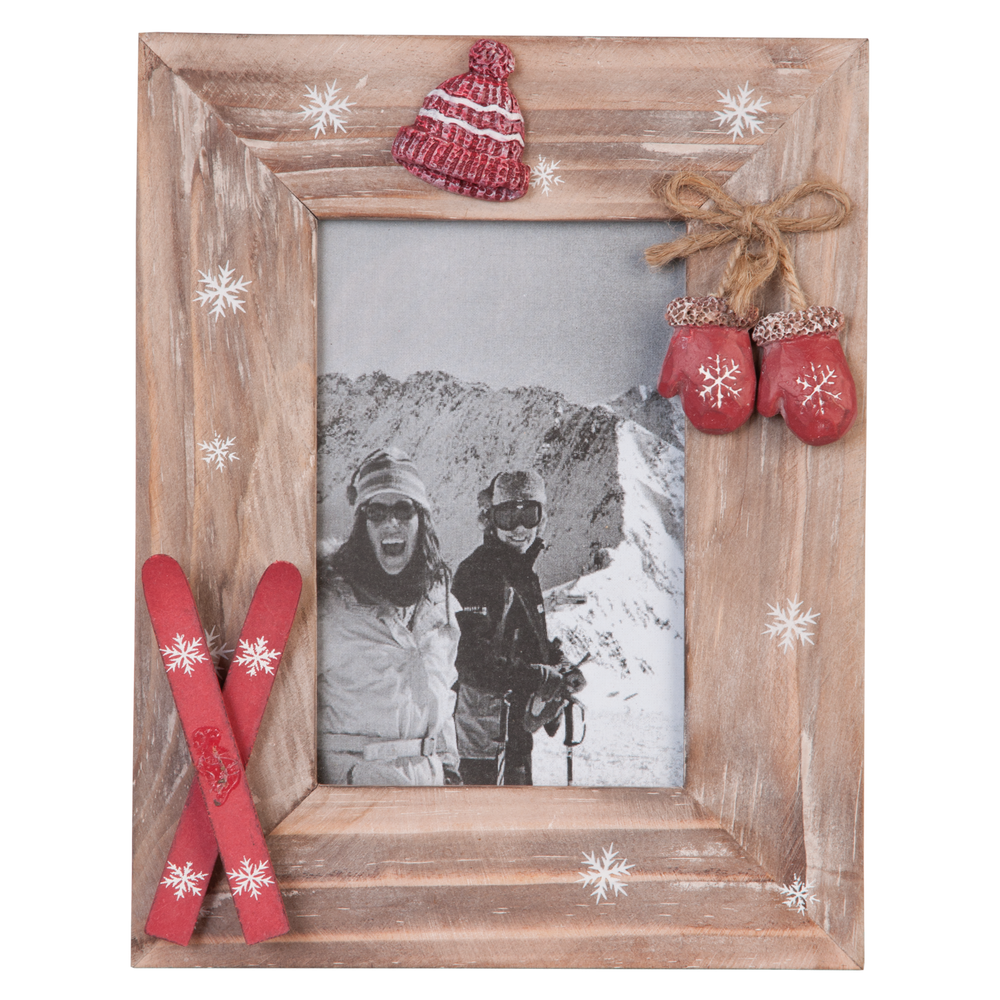 Winters Fotolijstje met ski's, muts en wanten 18x23 cm / 10x15 cm - naturel/rood