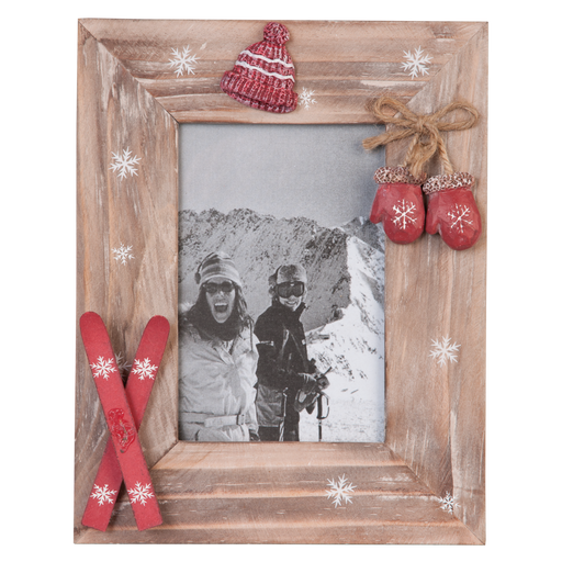 Winters Fotolijstje met ski's, muts en wanten 18x23 cm / 10x15 cm - naturel/rood