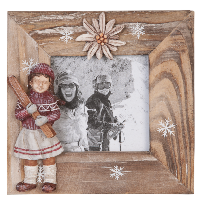 Winters Fotolijstje met meisje met ski's 18x23 cm / 10x15 cm - naturel/rood
