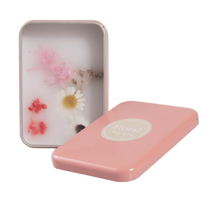 Geurwax in blikje met gedroogde bloemen voor in kast en lades - roze