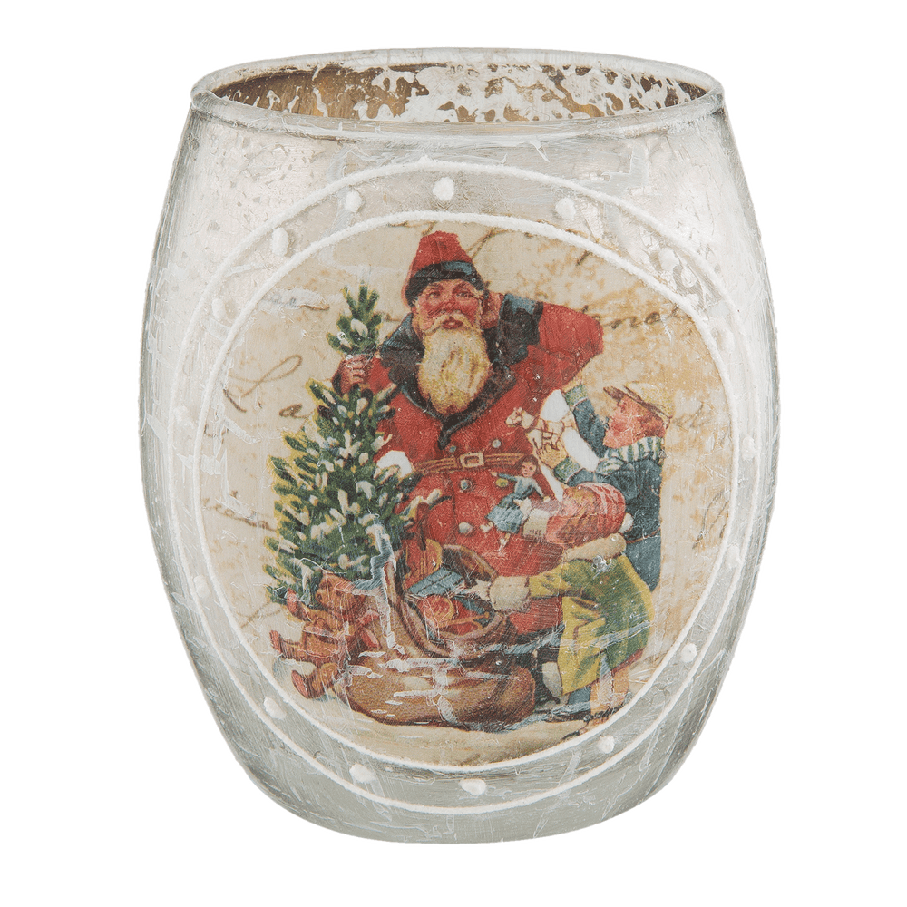 Vintage Waxinelichthouder van Glas met Poëzieplaatje Kerstman en Kindjes - antiek zilver