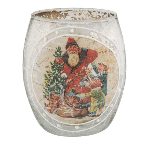 Vintage Waxinelichthouder van Glas met Poëzieplaatje Kerstman en Kindjes - antiek zilver