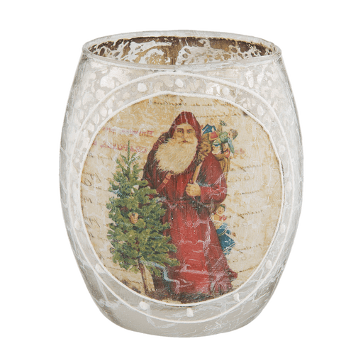 Vintage Waxinelichthouder van Glas met Poëzieplaatje Father Christmas - antiek zilver