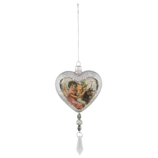 Brocante antieke vintage kerstbal hart met twee kindjes op hobbelpaard - glas