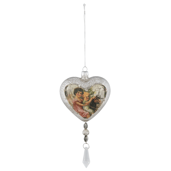 Brocante antieke vintage kerstbal hart met twee kindjes op hobbelpaard - glas