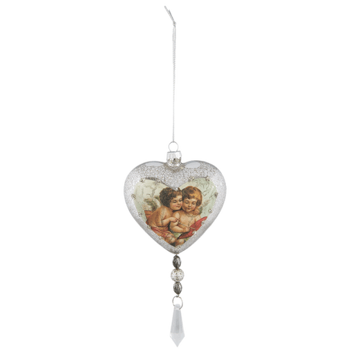 Brocante antieke vintage kerstbal hart met 2 engeltjes - glas