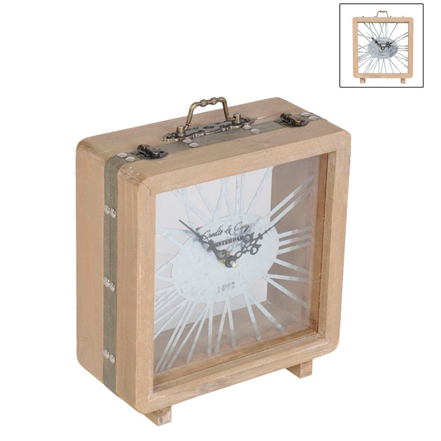 Klok in houten koffertje 22 x 10 x 25 cm - doorzichtig/naturel hout