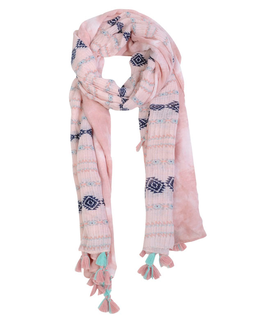 Sjaal Aztec met kwastjes 90 x 180 cm - roze/blauw