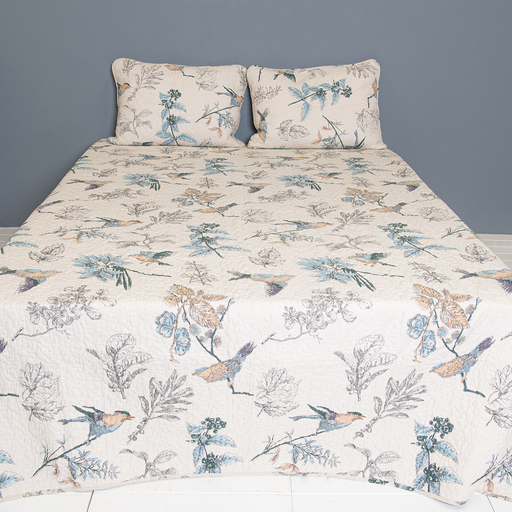 Quilted Bedsprei met 2 kussenslopen Kolibries 230 x 250 cm - creme/blauw